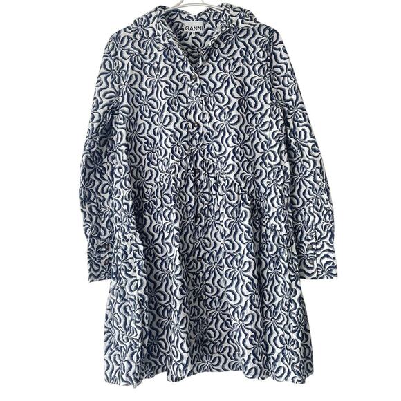GANNI Printed Cotton Mini Shirt Dress Navy Blue SIZE 38 - Picture 2 of 8